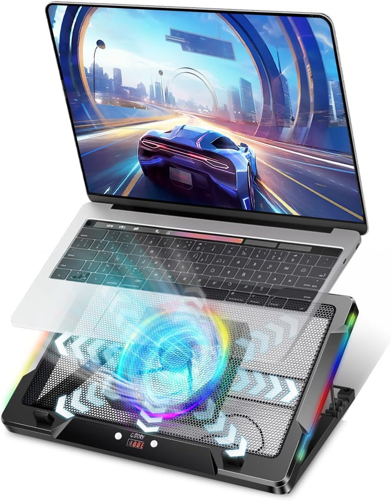G-STORY Gaming Laptop Cooling Pad with Movable Fan and Automatic Speed Adjustable by Temperature,Music Sync RGB Light,Low Noise Laptop Cooler 3 Speed 1500/1750/2000RPM(140MM) Stand 12–18" Notebook - Image 1